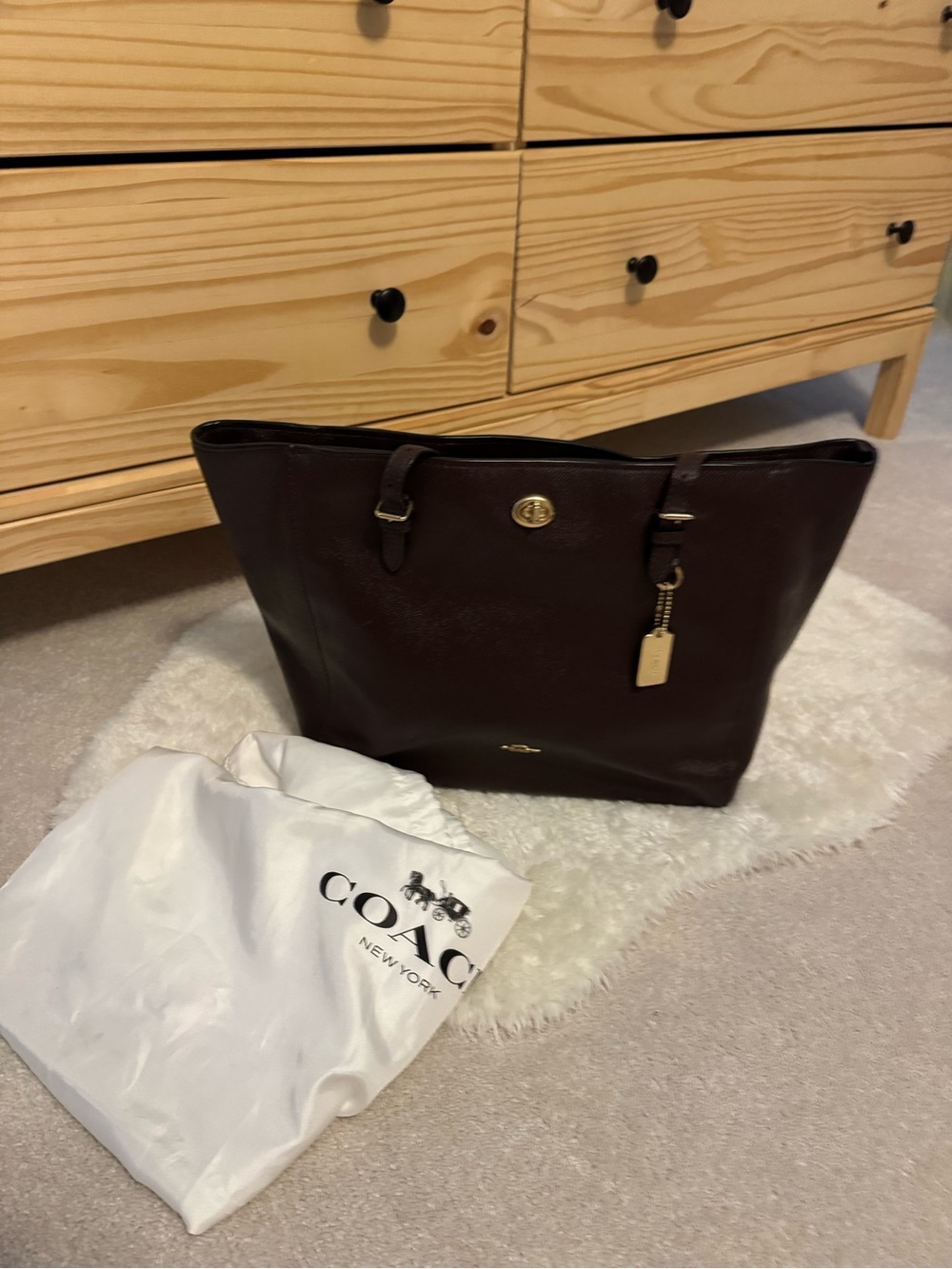 Coach Dark Purple Leather Tote with Gold Accents